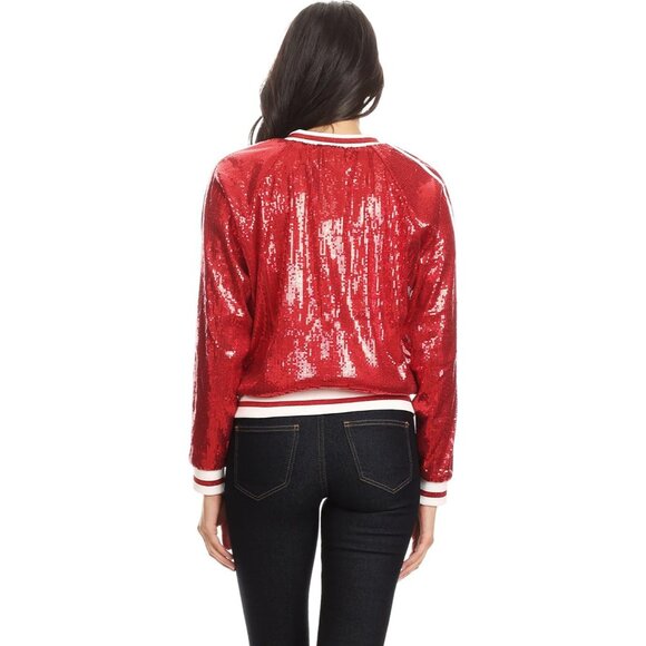 Brand New Women Red Polyester Sequin Bomber Jacket Zip Up Track Stripe Ribbed - Picture 2 of 7